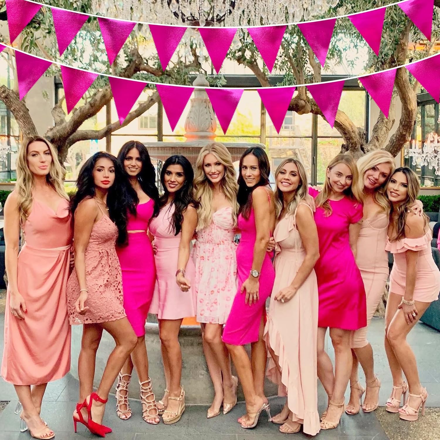 Hot Pink Party Decorations Triangle Pennant Banner Flag Rose Pink Metallic Fabric Bunting Garland