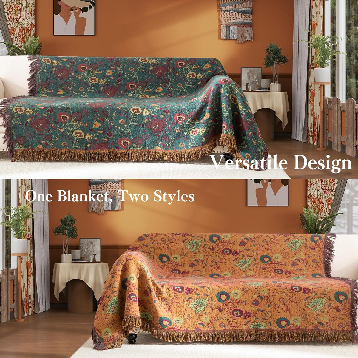 Boho Throw Blanket Queen Size, Oversized Soft Cozy Cotton Muslin Quilt Blanket for Bed Decor