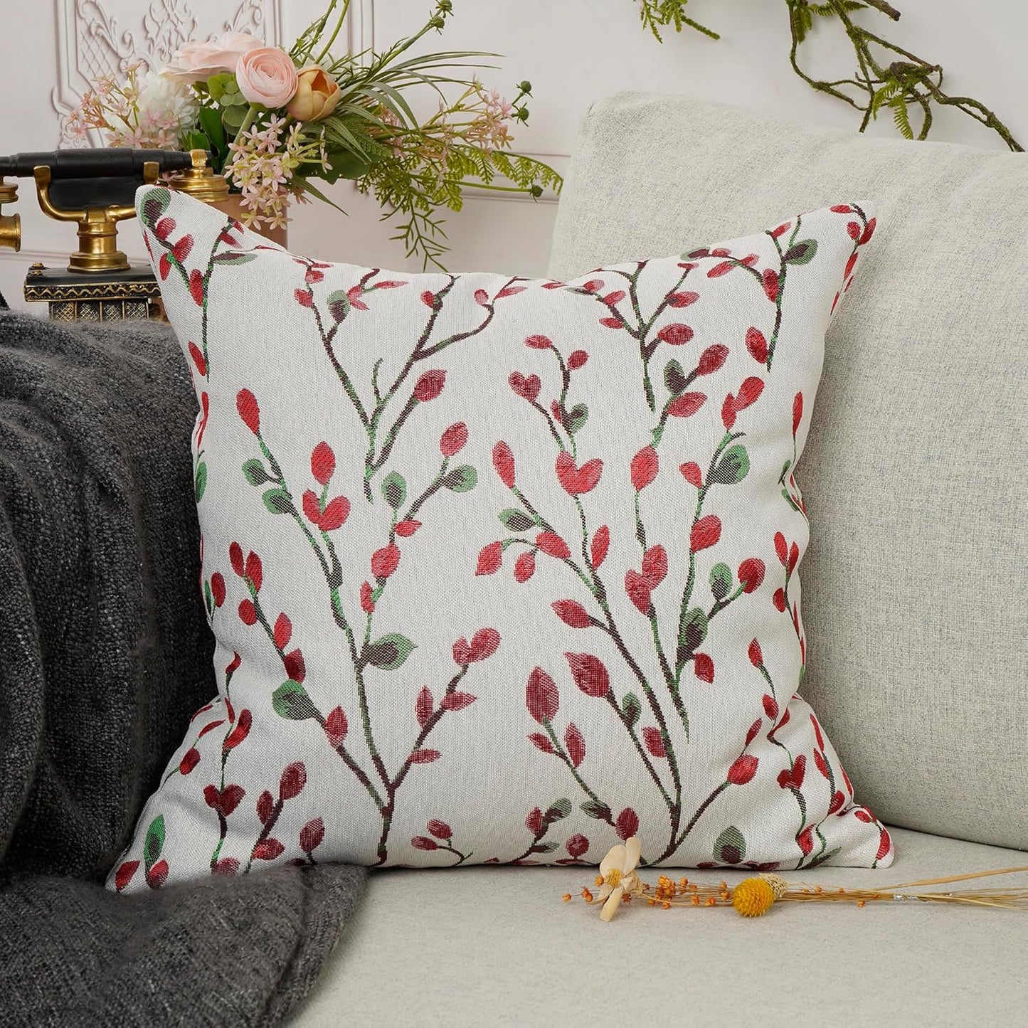 YOUR SMILE Christmas Red Classical Embroidery Jacquard Teal Leaf Pattern Square Decorative Throw