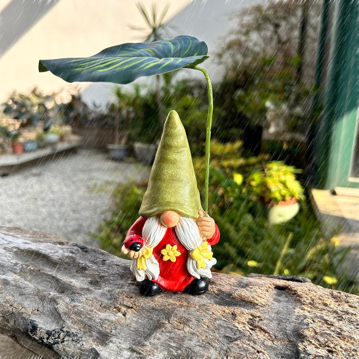 Garden Female Gnome Statue Decoration with Leaf Umbrella, 6.5” Figurine Ornament for Indoor Outdoor