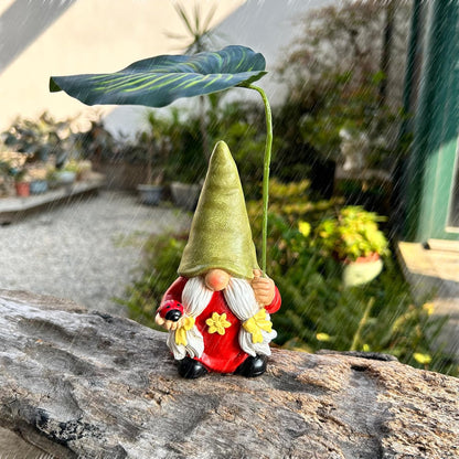 Garden Female Gnome Statue Decoration with Leaf Umbrella, 6.5” Figurine Ornament for Indoor Outdoor