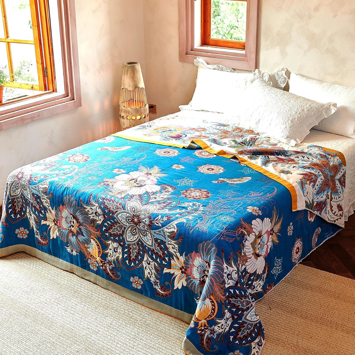 Boho Throw Blanket, 100% Organic Cotton Breathable Ultra Soft Bed Quilt Throw - All Season Floral