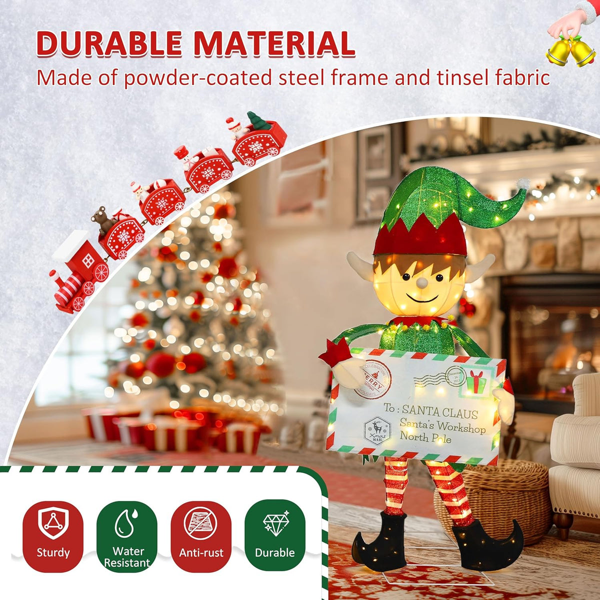 4.8FT Lighted Elf with Envelope Outdoor Christmas Decoration, 3D Pre-Lit Elf Decor with 100 LED