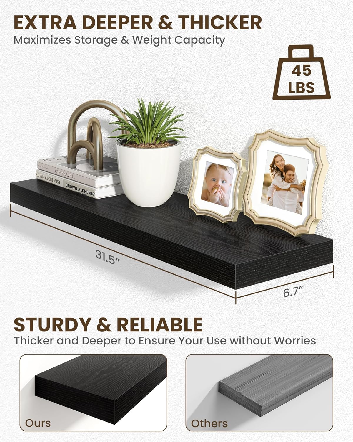 Marsmiles 31.5" Floating Shelves for Wall, Wooden Shelves with Invisible Brackets Set of 2, Rustic