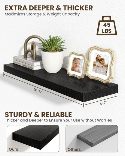 Marsmiles 31.5" Floating Shelves for Wall, Wooden Shelves with Invisible Brackets Set of 2, Rustic
