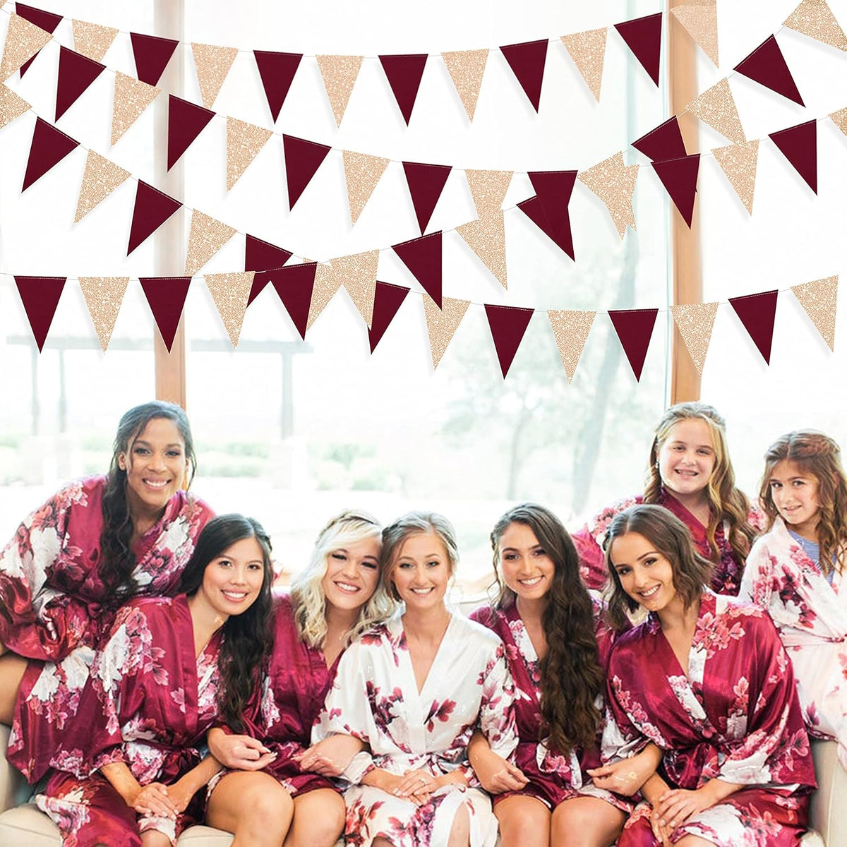 Burgundy Party Decorations Maroon Champagne Gold Triangle Banner Flag Bunting Pennant for Birthday
