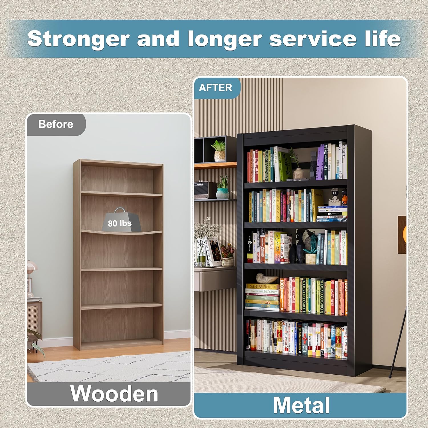 Bookshelf, 5-Tier Sturdy Bookcase, Adjustable Book Shelf, Large Capacity per Shelf, Modern Book