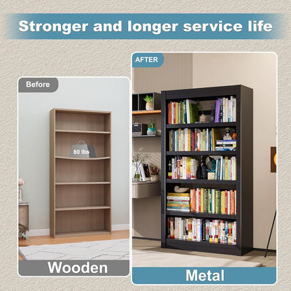 Bookshelf, 5-Tier Sturdy Bookcase, Adjustable Book Shelf, Large Capacity per Shelf, Modern Book