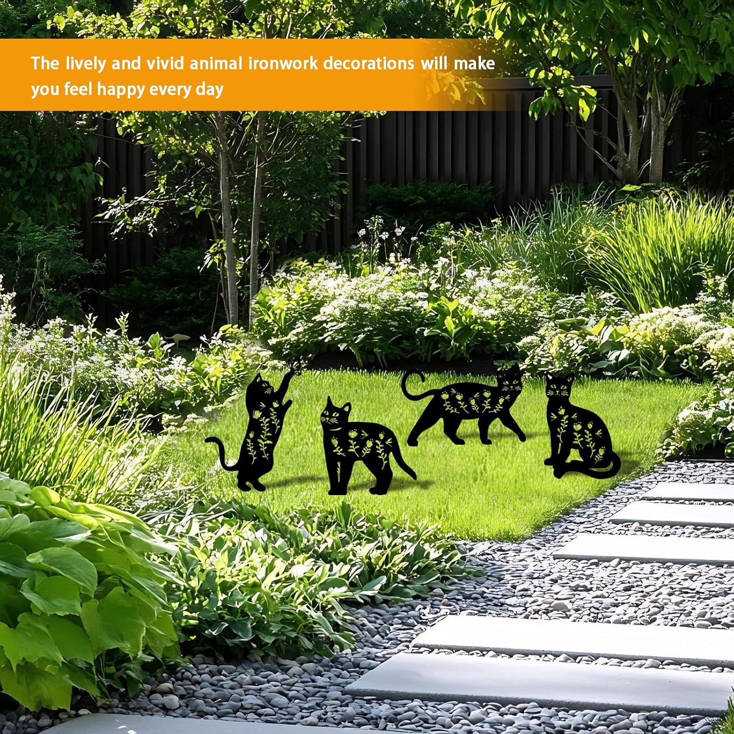 4 Pack Cat Metal Garden Decorative Stakes, Weather Proof Silhouette Statues for Yard, Patio,Outdoor