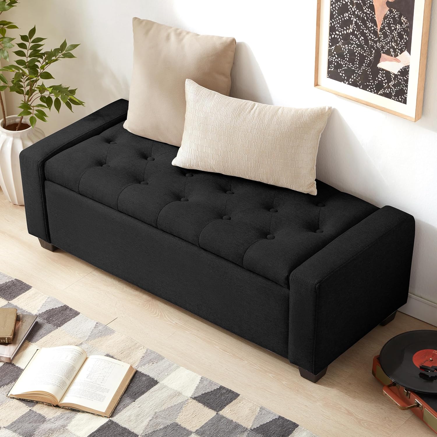 48" Ottoman with Storage, Black Storage Ottoman Bench with Safety Hinge, Upholstered Entryway Bench