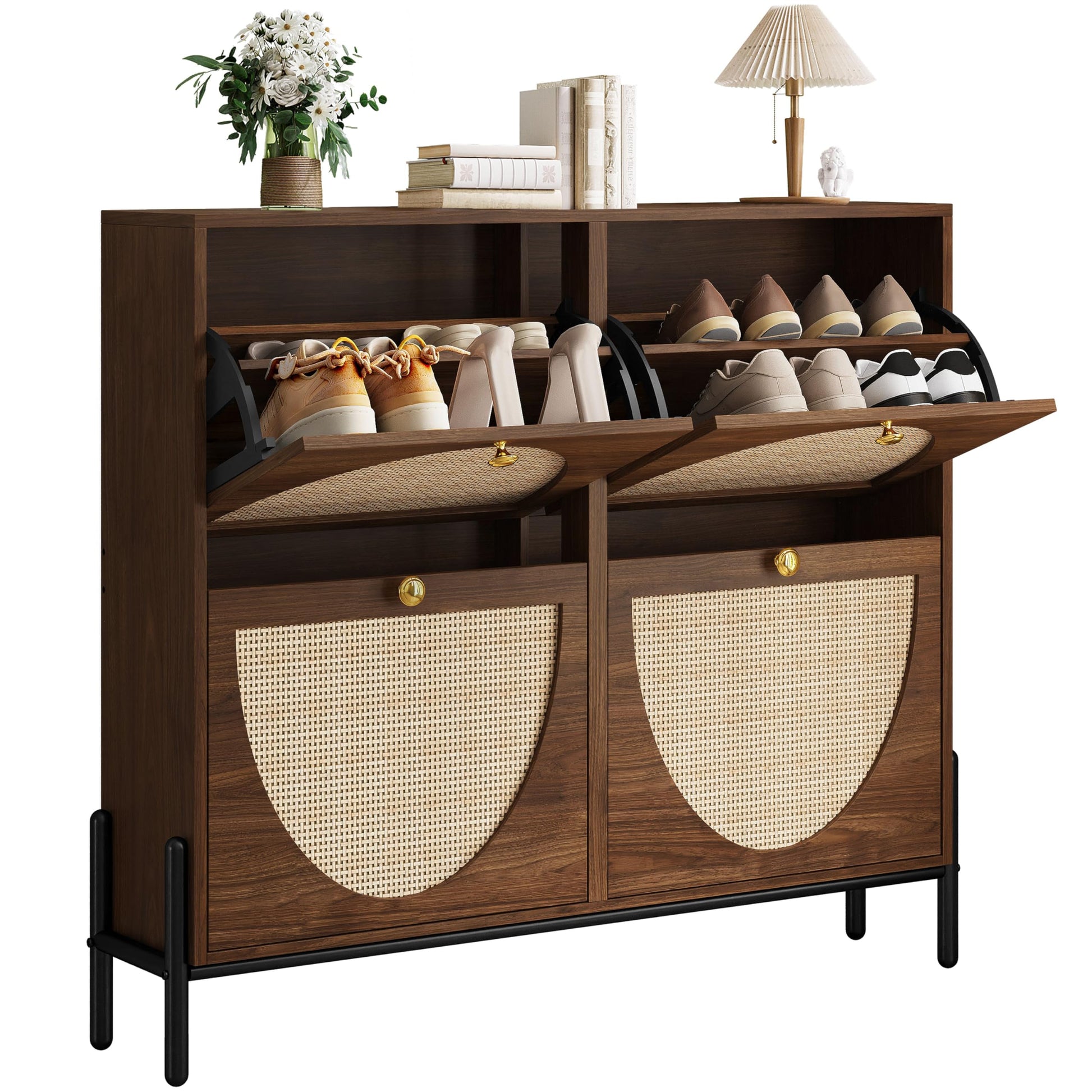 IRONCK Rattan Shoe Cabinet Storage with 4 Flip Drawers, Walnut