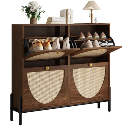 IRONCK Rattan Shoe Cabinet Storage with 4 Flip Drawers, Walnut