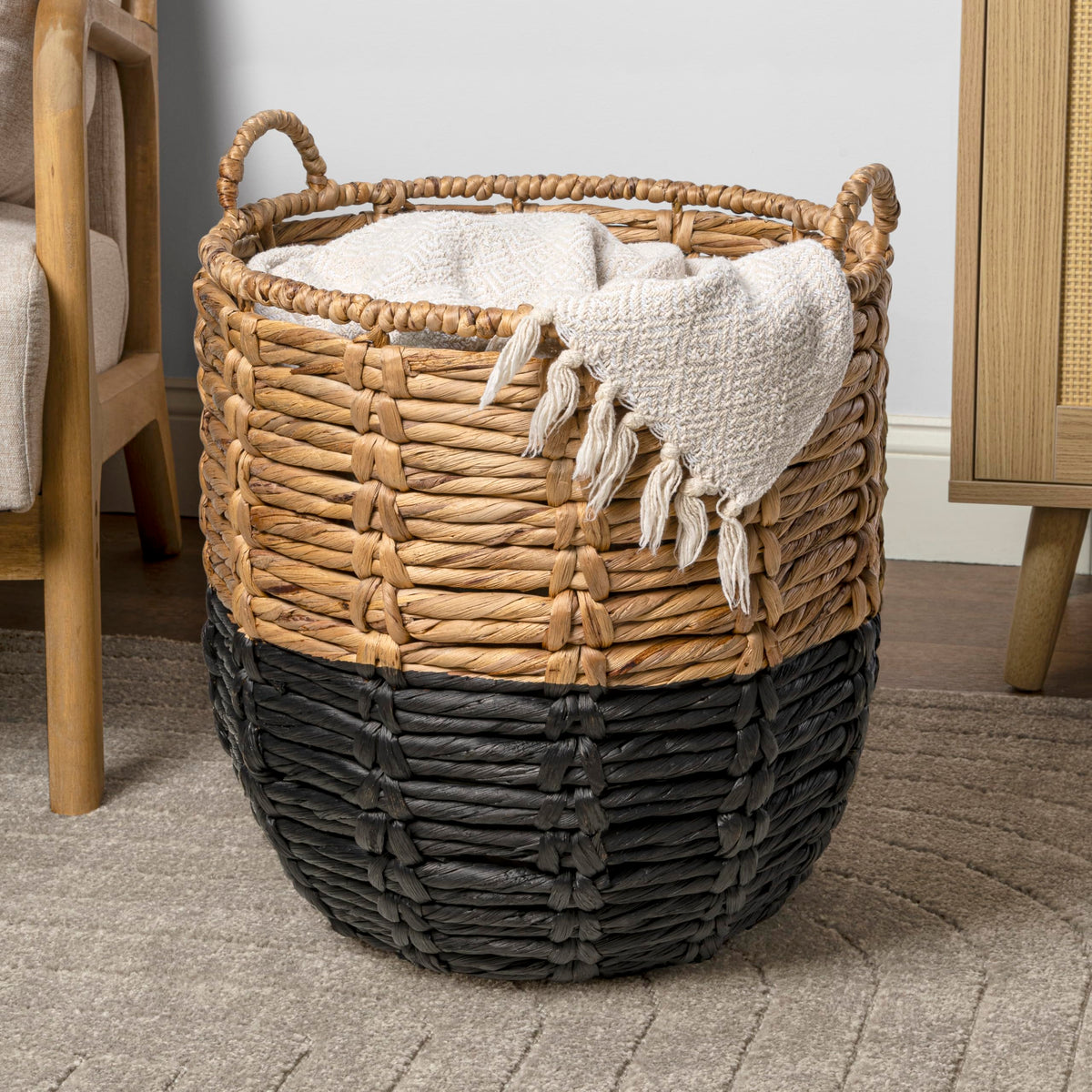 happimess Laurel Hand-Woven Abaca Storage Basket 19", Natural/Black