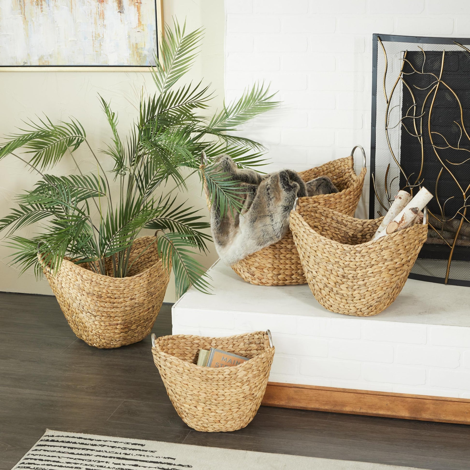 Deco 79 Seagrass Handmade Decorative and Functional Storage Basket Woven Curved Basket Organizer