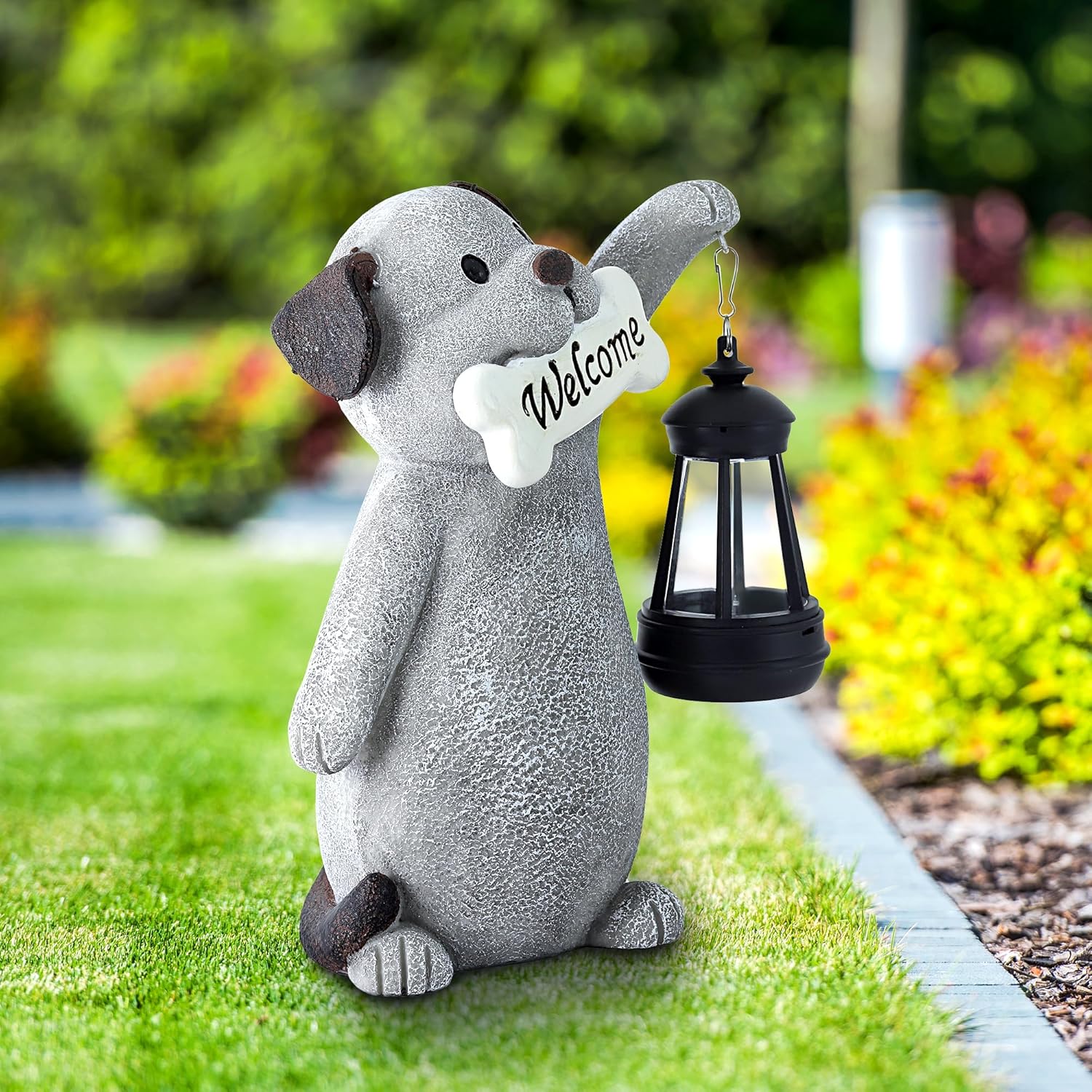 Solar Dog Statues for Garden Decor - Outdoor Dog Figurines with Solar Lantern for Yard Patio Lawn