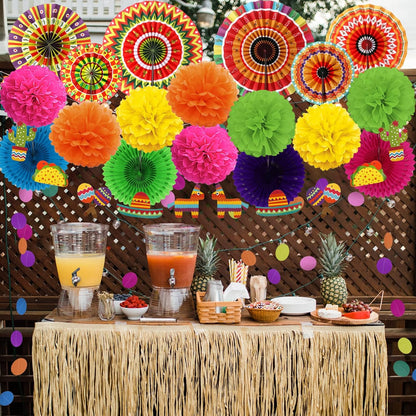ZERODECO Fiesta Mexican Party Decorations, 21 Pcs Multi-color Paper Fans, Pom Poms Flowers for