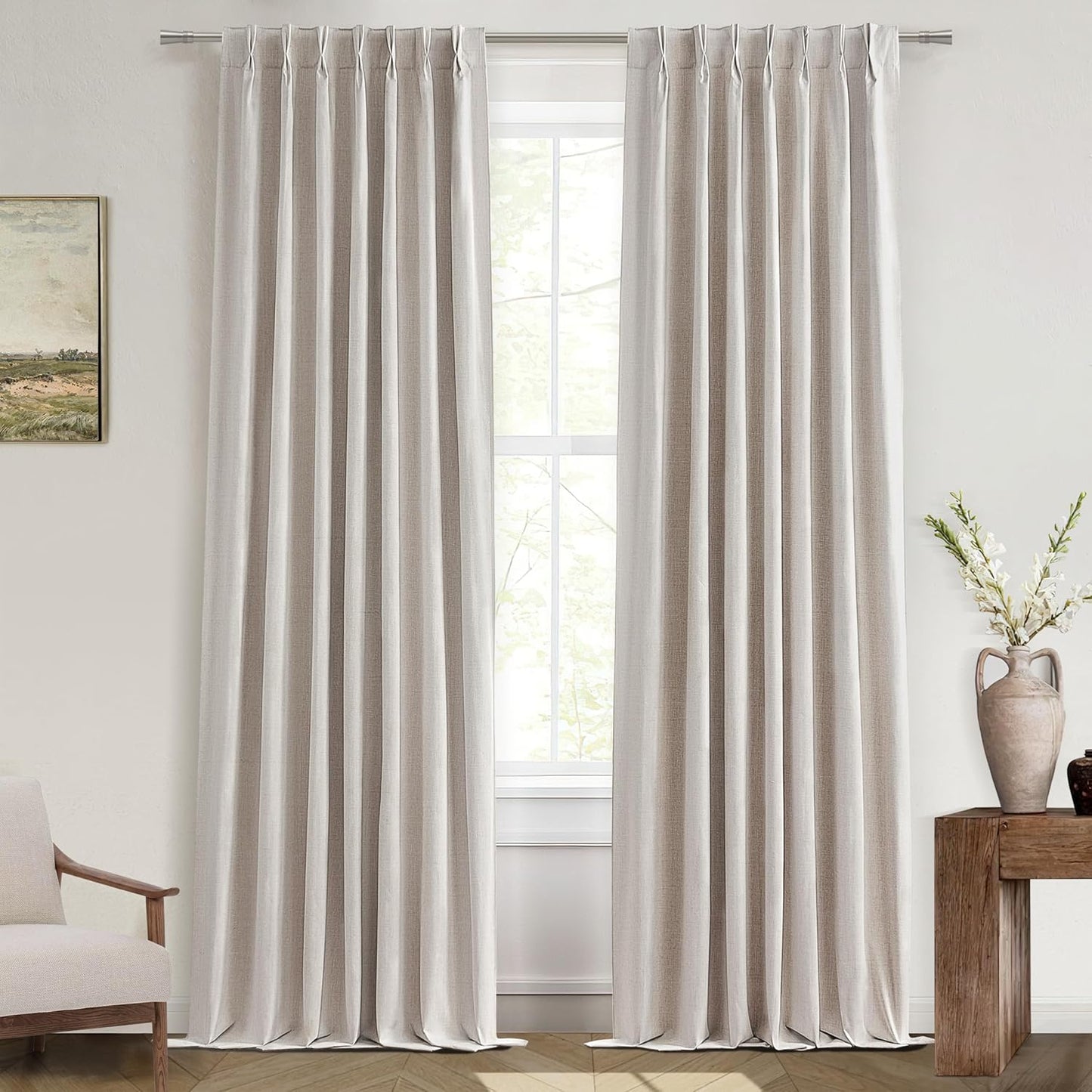 Primitive Curtain 112 Inch Long 2 Panels Burg,Pinch Pleated Cream Linen Blended Floor Length to