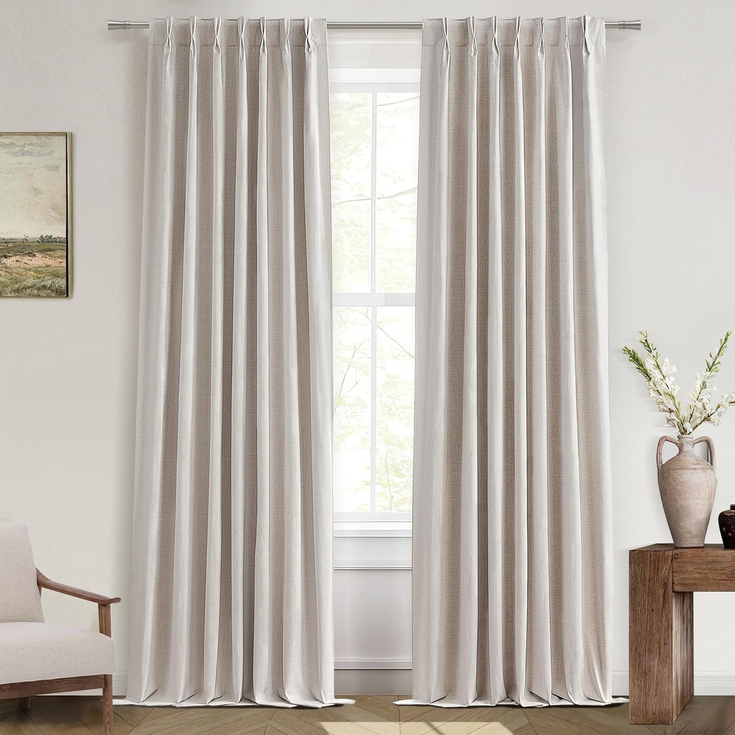 Pinch Pleated 92 Inch Curtains Blackout for Bedroom 2 Panels Set, Natural Linen Farmhouse Viral for