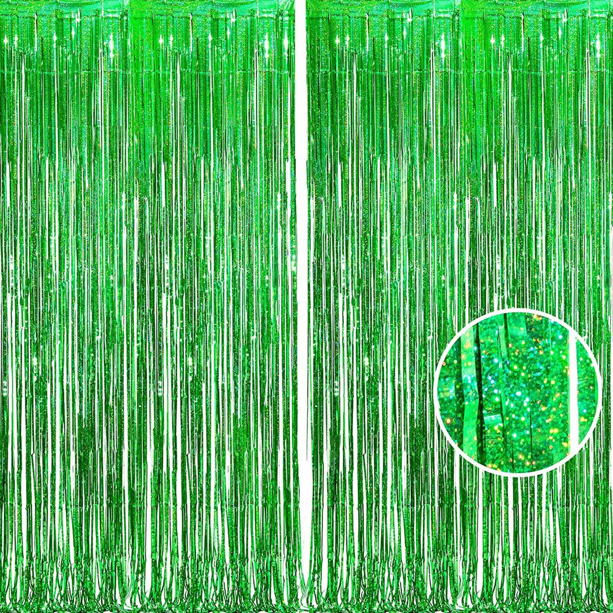 BRAVESHINE Green Metallic Tinsel Foil Fringe Curtains - 2 Pack 3.2 x 8.2 ft Metallic Photo Backdrop