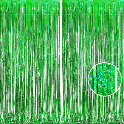 BRAVESHINE Green Metallic Tinsel Foil Fringe Curtains - 2 Pack 3.2 x 8.2 ft Metallic Photo Backdrop