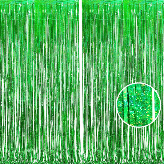 BRAVESHINE Green Metallic Tinsel Foil Fringe Curtains - 2 Pack 3.2 x 8.2 ft Metallic Photo Backdrop