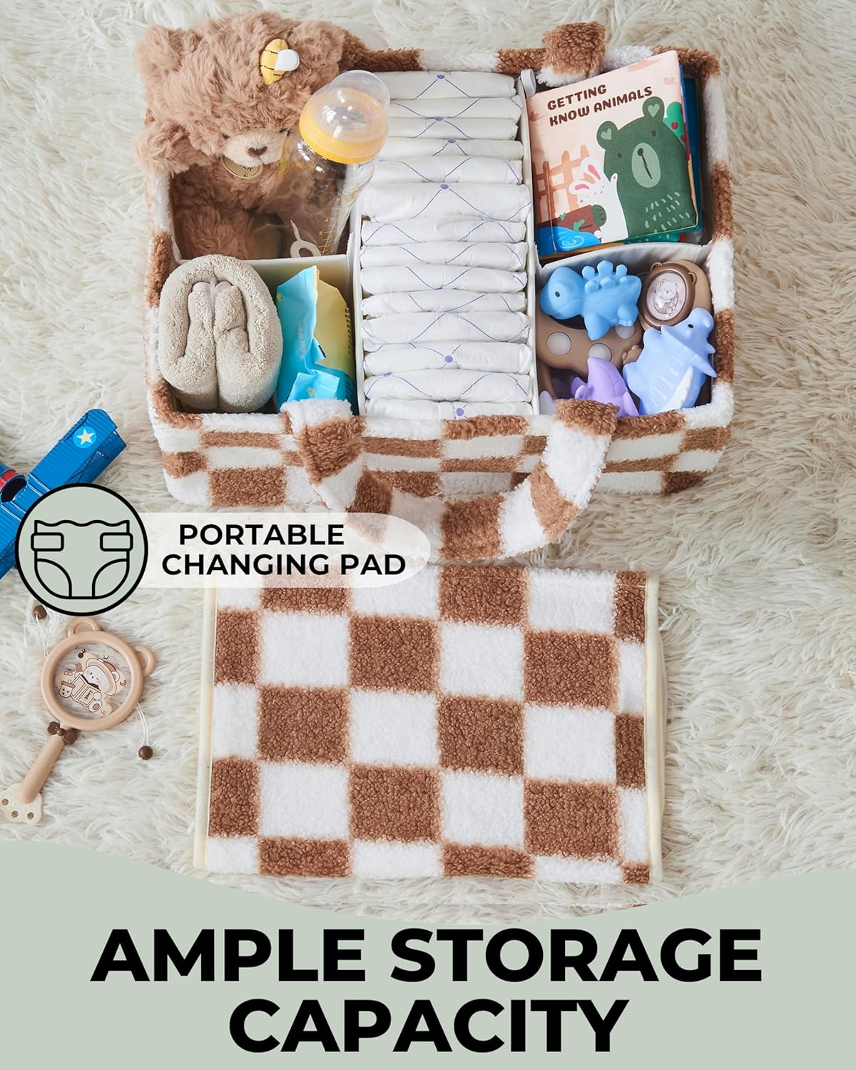 Checkered Diaper Caddy Organizer with Portable Changing Mat - Teddy Fleece Diaper Organizer for