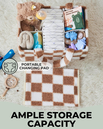 Checkered Diaper Caddy Organizer with Portable Changing Mat - Teddy Fleece Diaper Organizer for