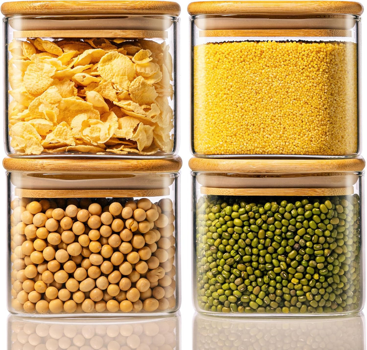 21oz - 4 Pack Square Glass Jars with Bamboo Lids, Glass Food Storage Containers with Airtight Lids