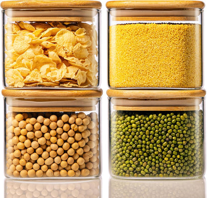 21oz - 4 Pack Square Glass Jars with Bamboo Lids, Glass Food Storage Containers with Airtight Lids