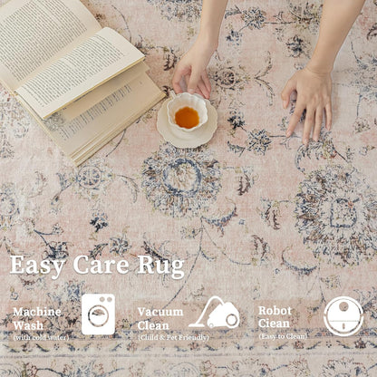 5'x7' Vintage Floral Rug - Persian Inspired Low-Pile Faux Wool Area Rug, Non-Slip Washable Rug for
