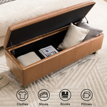 41" Faux Leather Storage Ottoman, Stitch Tufted Rectangle Upholstered End of Bed Storage Bench