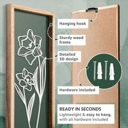3D Floral Green Wall Art (Set of 3) Lightweight, Wooden Ready-to-Hang Boho Framed Wall Art for
