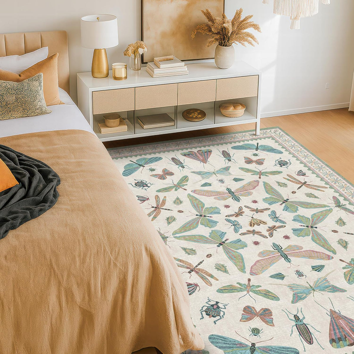 Light Blue and Pink Rug 4x6 Rugs for Bedroom Under Bed - Insect Print Multi Color Decor, Low Pile