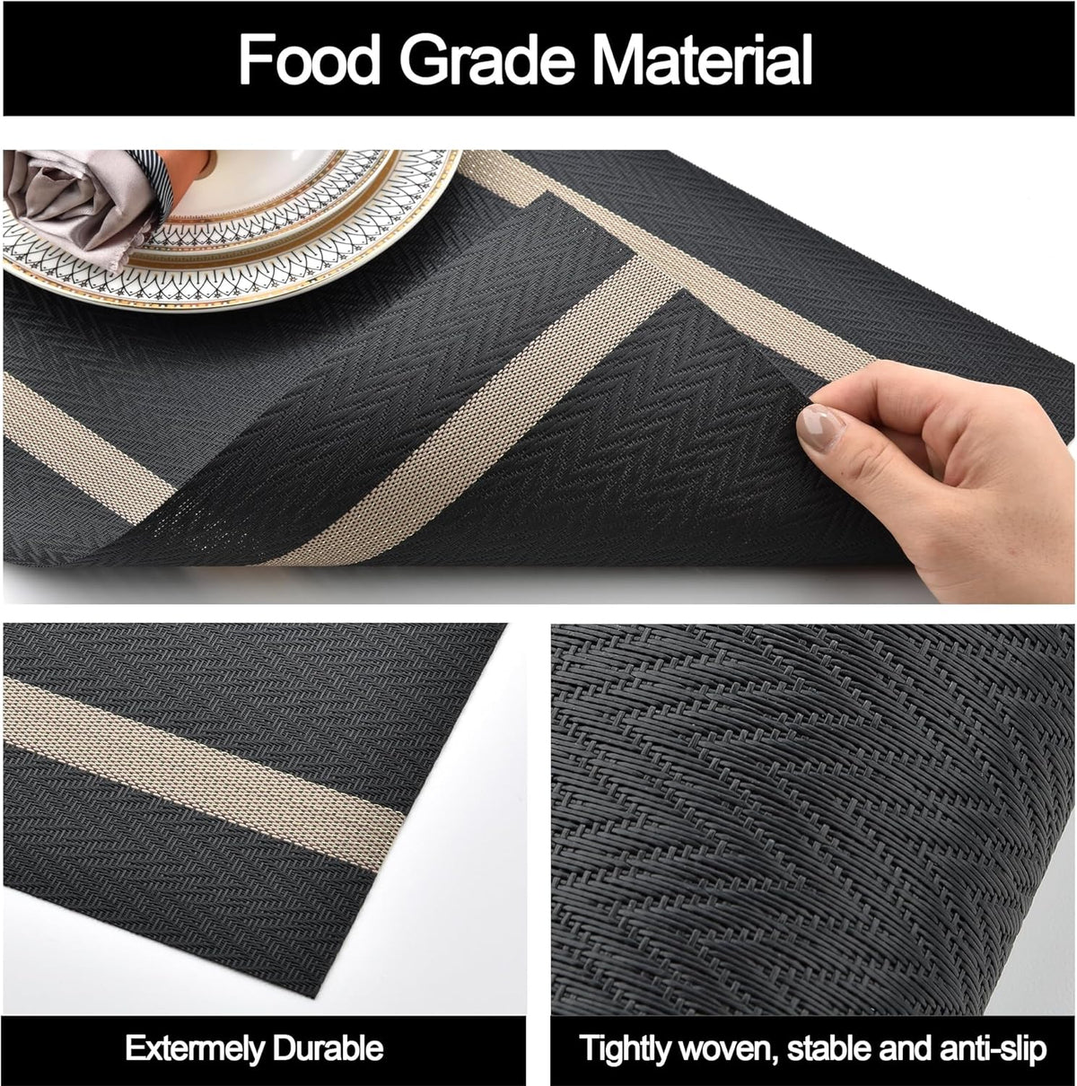 Black Placemats Set of 8 - Easy Clean Modern Durable Washable Vinyl Place Mats - Heat Resistant
