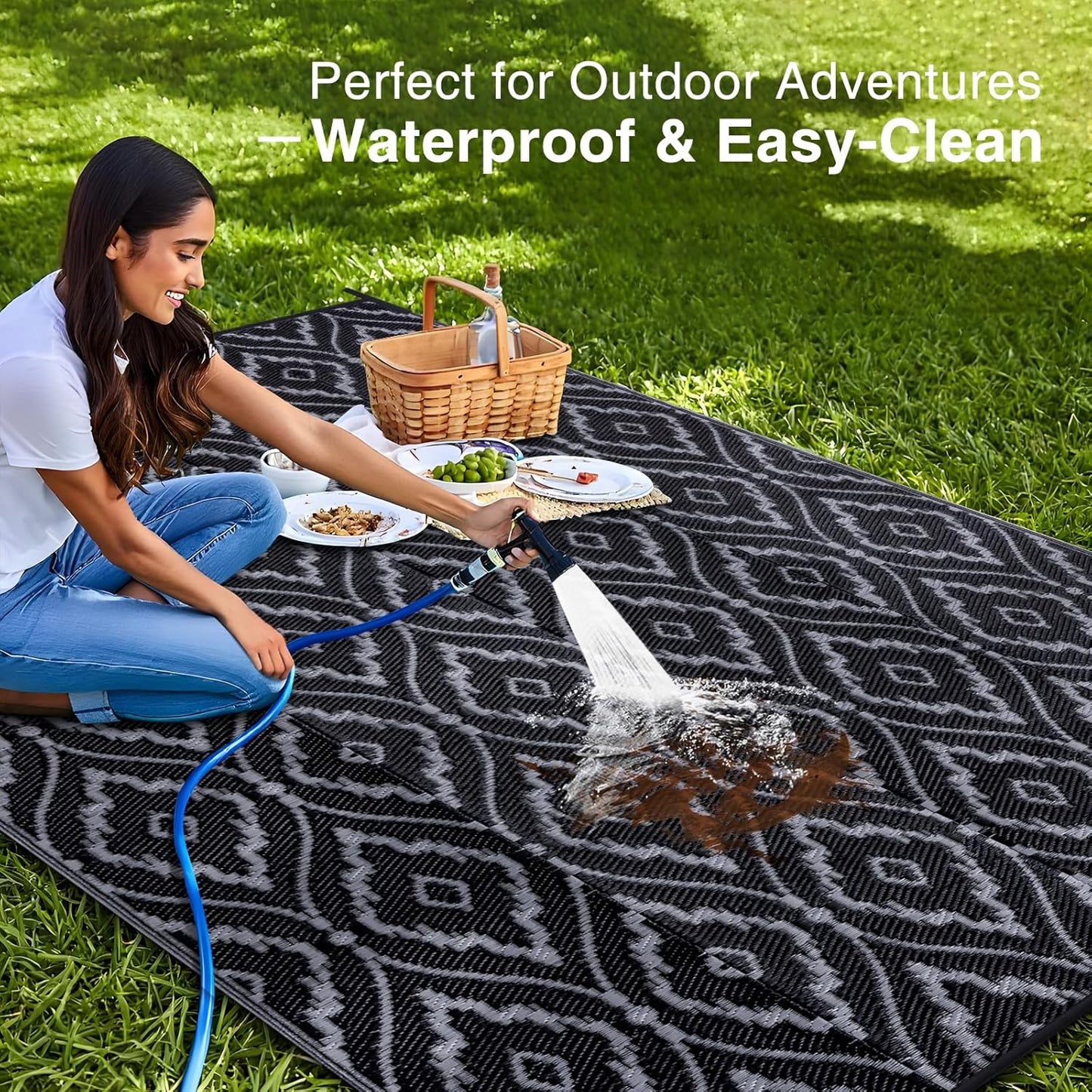 OLANLY Outdoor Rug 6x9 ft Waterproof, Outdoor Plastic Straw Rug with Geometric Pattern Clearance