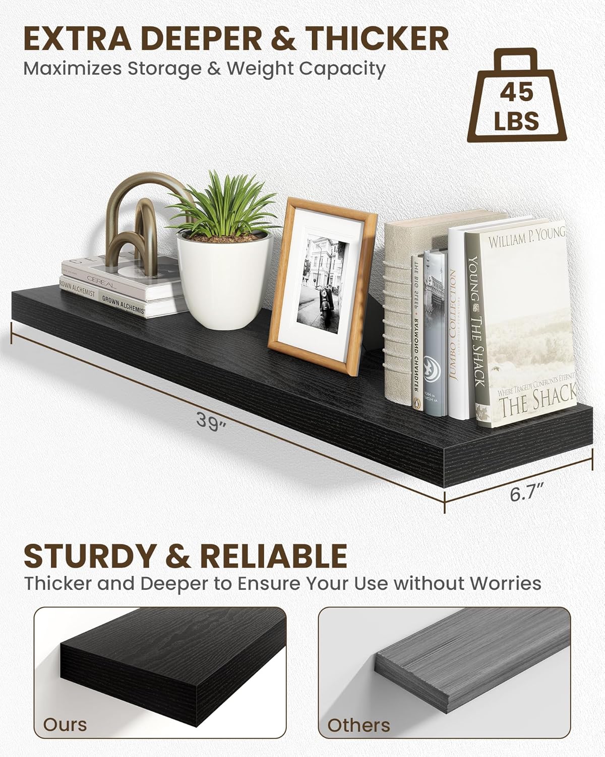 Marsmiles 39" Floating Shelves for Wall, Wooden Shelves with Invisible Brackets Set of 2, Rustic