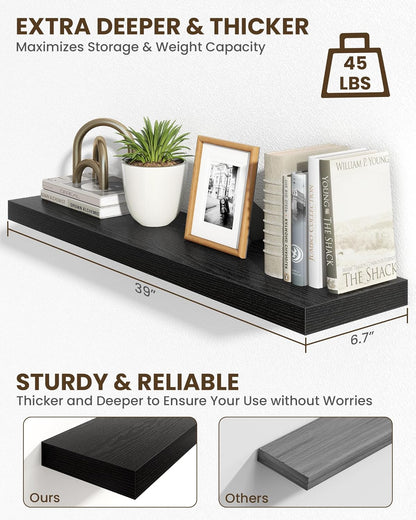 Marsmiles 39" Floating Shelves for Wall, Wooden Shelves with Invisible Brackets Set of 2, Rustic