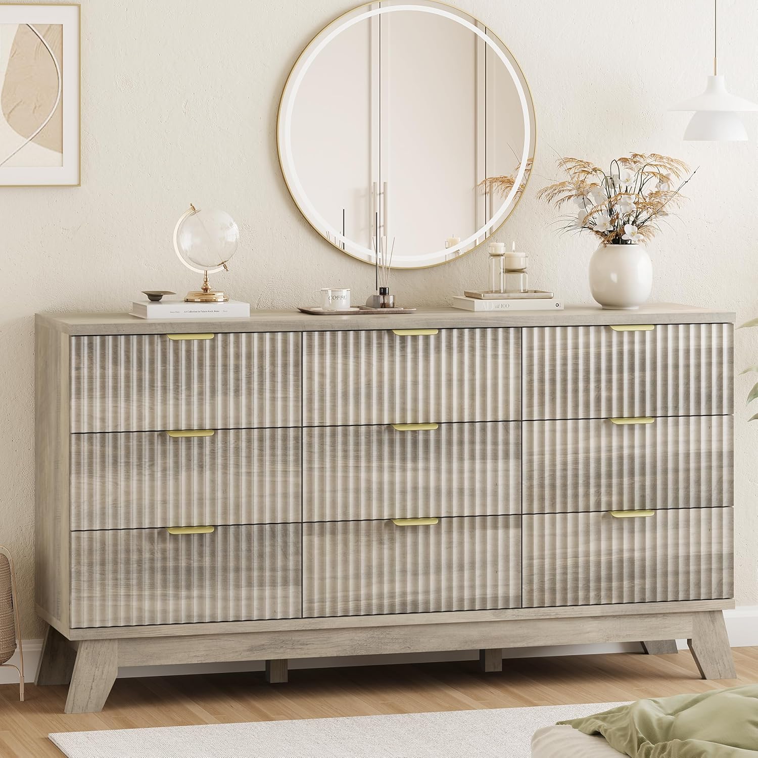 Fluted Dresser for Bedroom with 9 Drawers, 57" Wide Modern Chest of Drawers with Metal Handle