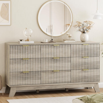 Fluted Dresser for Bedroom with 9 Drawers, 57" Wide Modern Chest of Drawers with Metal Handle
