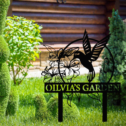 Custom Hummingbird Metal Garden Sign with Stakes, Bird Garden Decorations, Flower Design