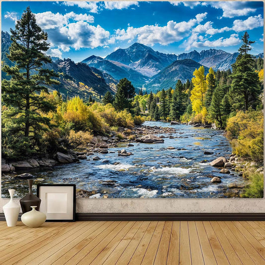 AMM Nature Forest Mountain Tapestry Green Pine Tree Tapestry for Bedroom Aesthetic White Clouds