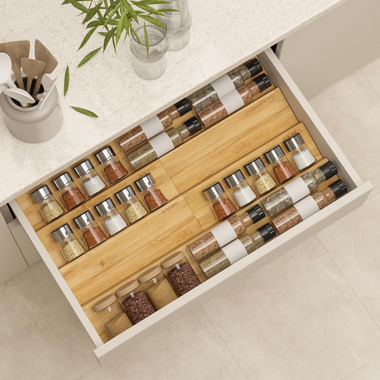 AMBIRD Bamboo Spice Drawer Organizer with Non-slip Mat,4 Tier - 2 Set Jar Spice Rack Tray From