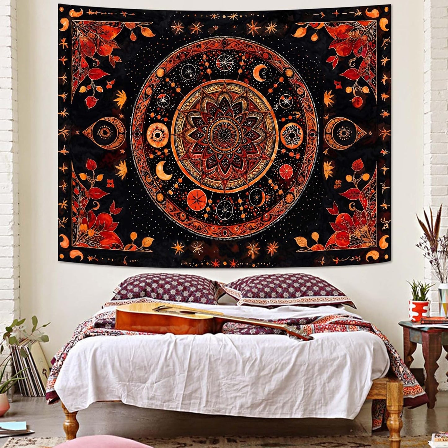 Lunerfex Mandala Moon and Stars Tapestry Boho Tapestry for Bedroom Black and Orange Tapestries Wall