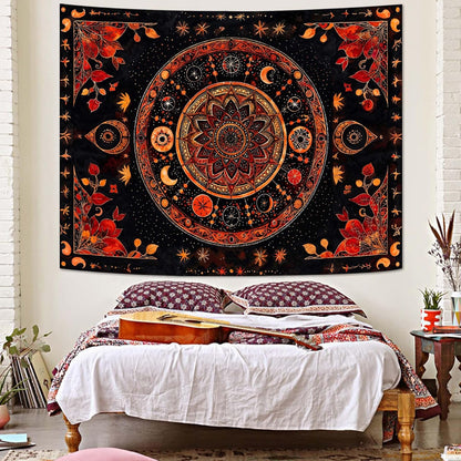 Lunerfex Mandala Moon and Stars Tapestry Boho Tapestry for Bedroom Black and Orange Tapestries Wall