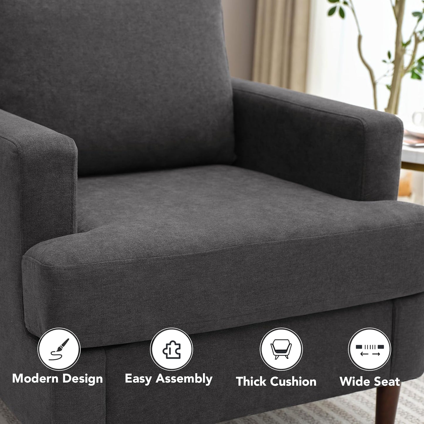 Mid-Century Accent Chair,Modern Linen Fabric Armchair for Living Room,Comfy Upholstered Reading