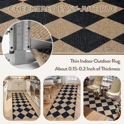 Lahome Checkered Easy Jute Runner, 2x6 Kitchen Runner Rug Non Slip Washable Outdoor Rug for