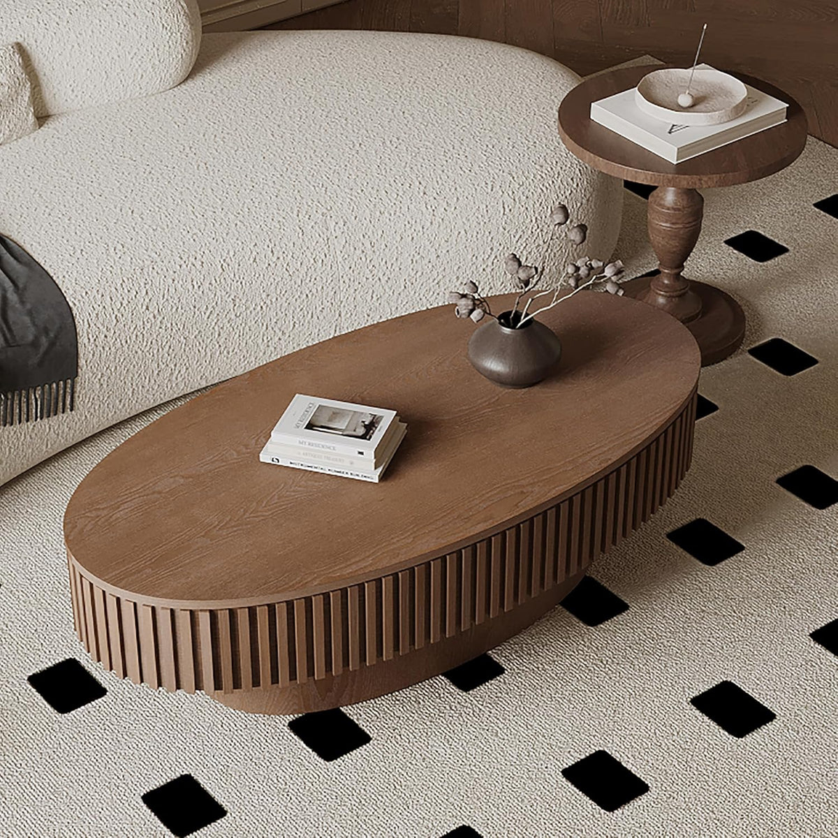47.2''Oval Coffee Table with Storage, Mid Century Modern Fluted Drum Center Tables with Lid, Solid