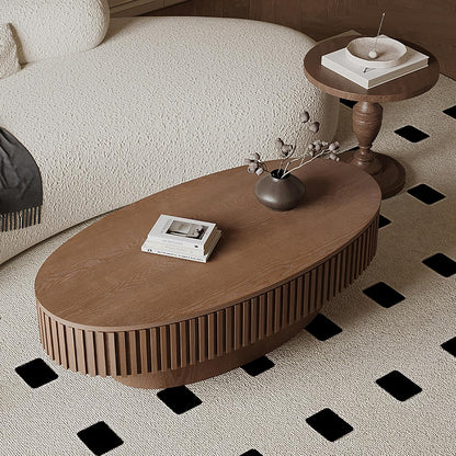 47.2''Oval Coffee Table with Storage, Mid Century Modern Fluted Drum Center Tables with Lid, Solid