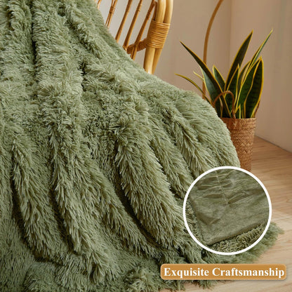 XeGe Luxury Faux Fur Blanket, Sage Green Soft Big Fluffy Throw, Shaggy Plush Decorative Couch