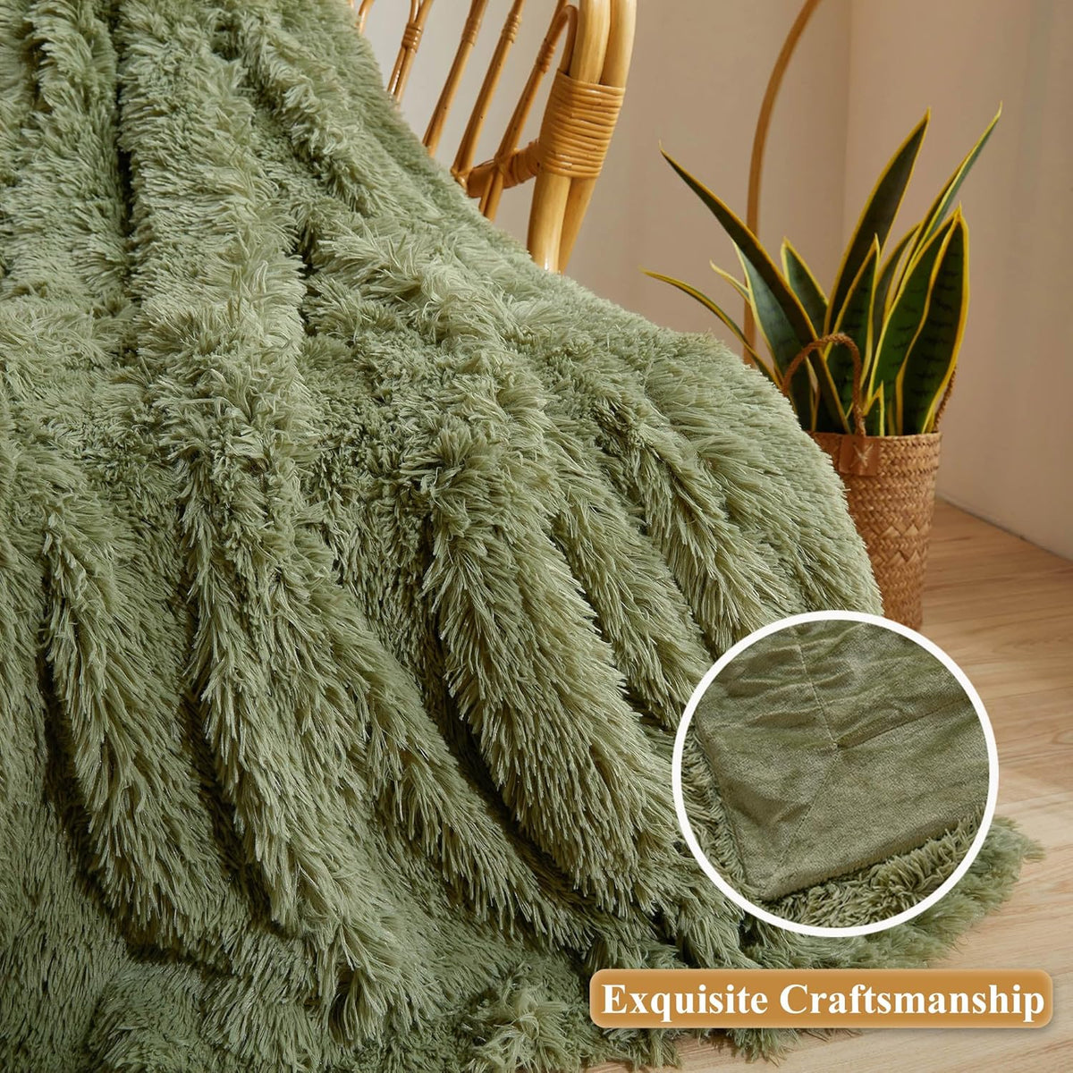 XeGe Luxury Faux Fur Throw, Moss Green Soft 50x60 Fluffy Blanket, Shaggy Plush Decorative Couch